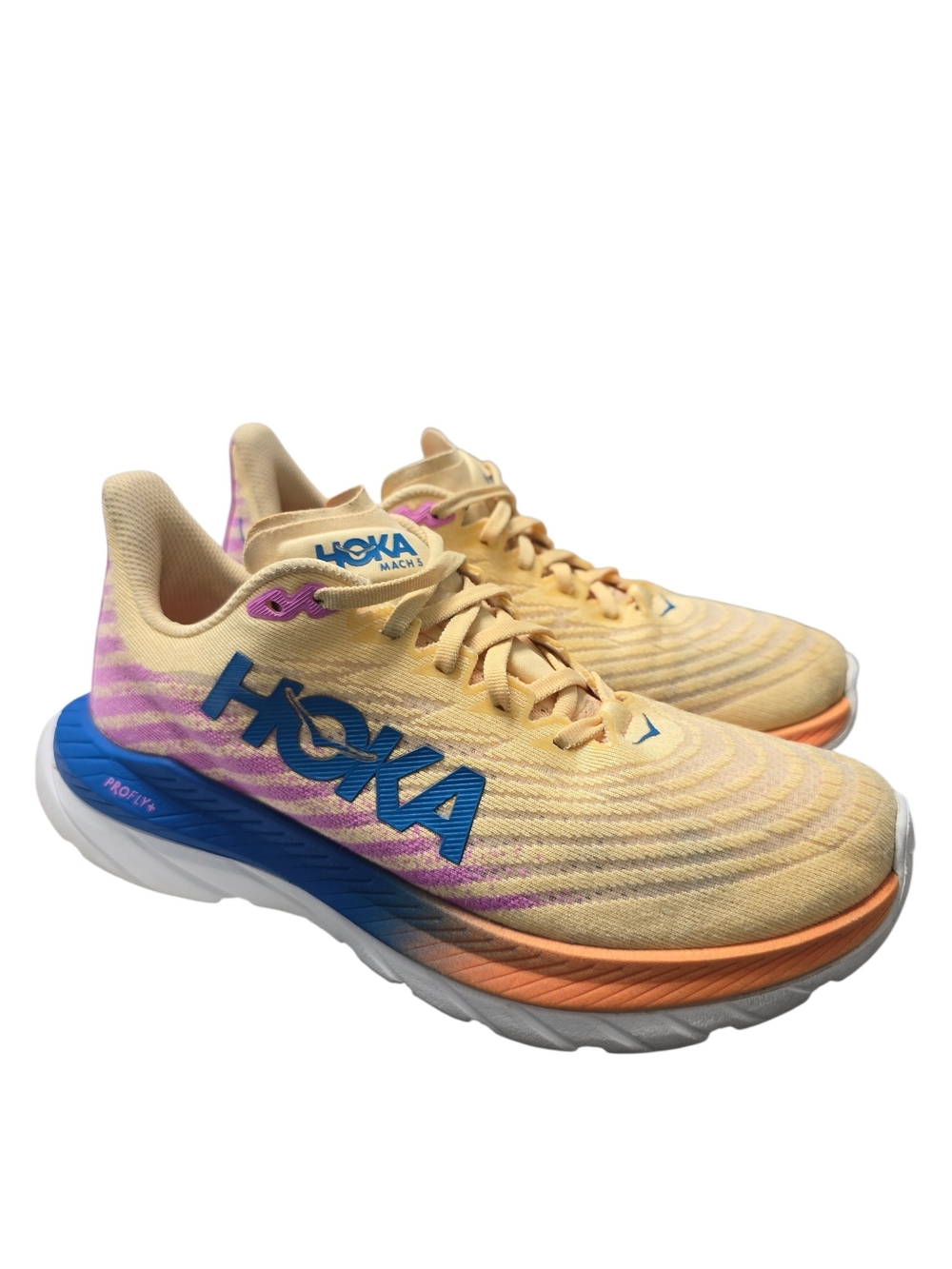 HOKA Mach 5 Women's  Running Shoes - Yellow with Blue & Pink Accents - Size 7.5B